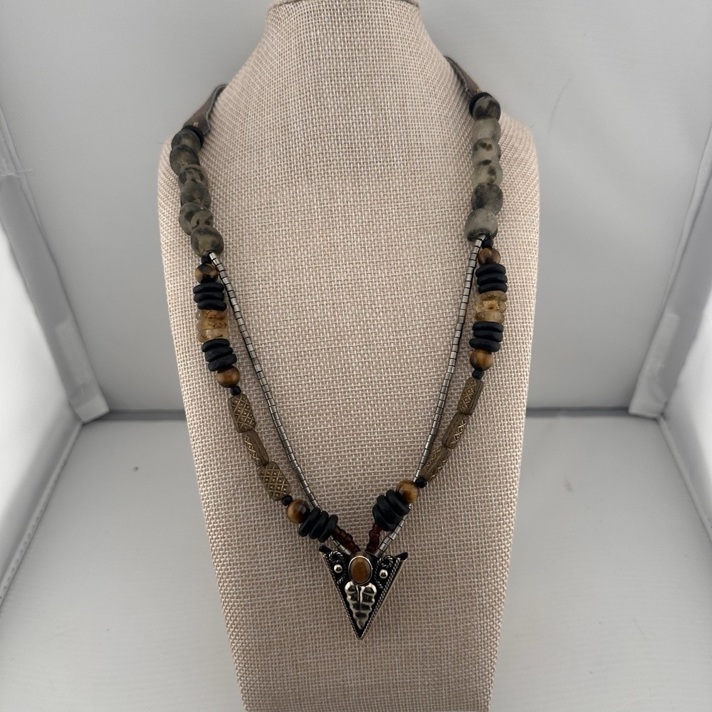 Twine & Twig Tribal Necklace Glass Beads Pendant Suede Brown Boho Hippie Country
